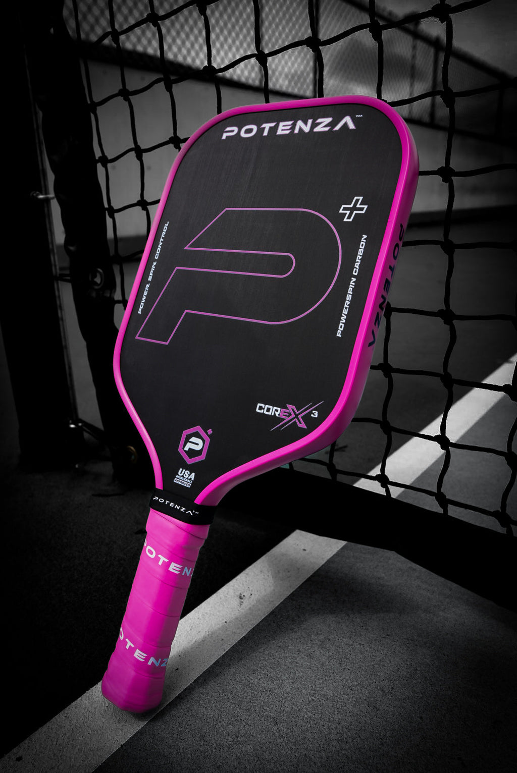 P+ PowerSpin Carbon COREx3 (Neon Pink) – pickleball paddle front view