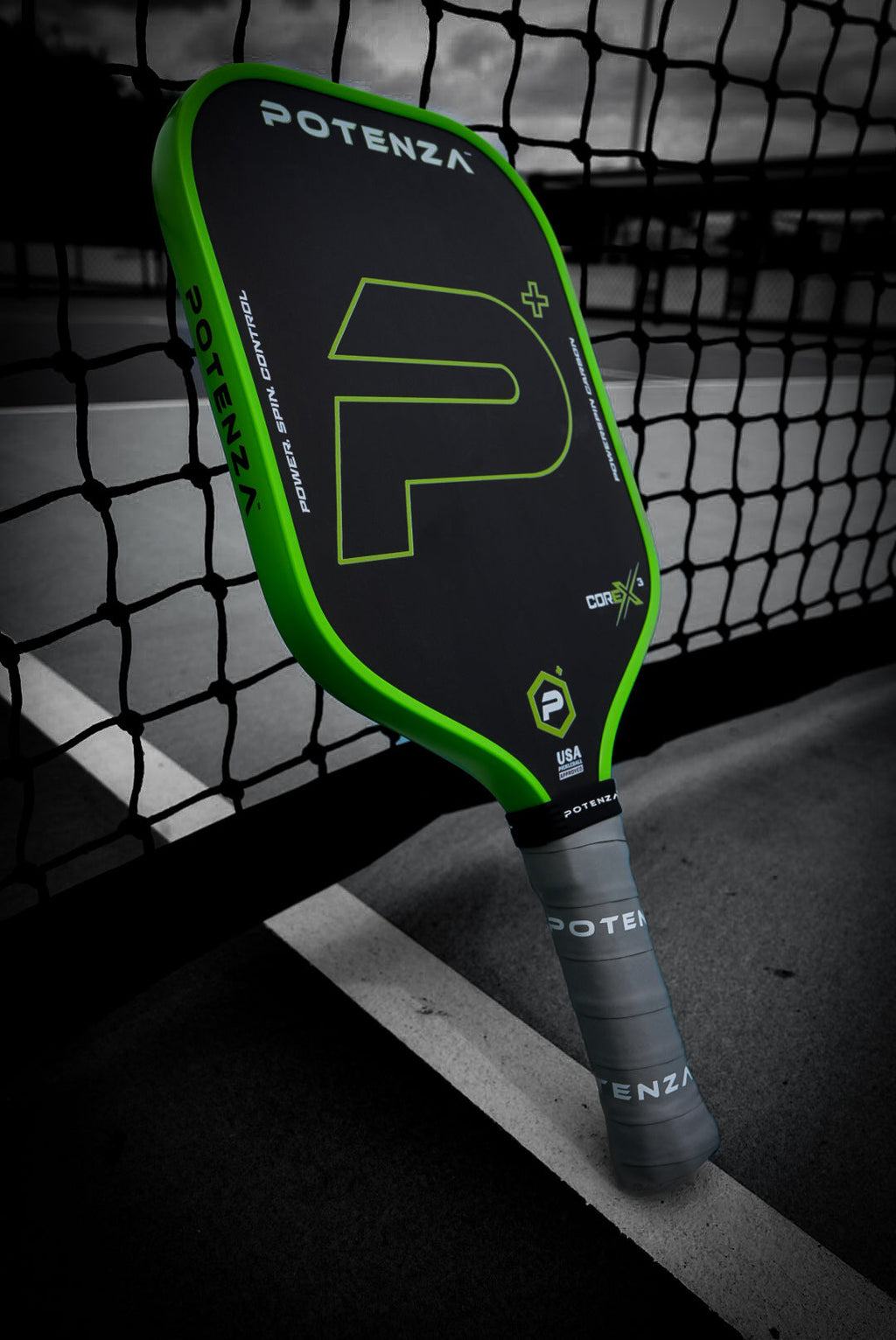 P+ PowerSpin Carbon COREx3 (Neon Green) – pickleball paddle side view