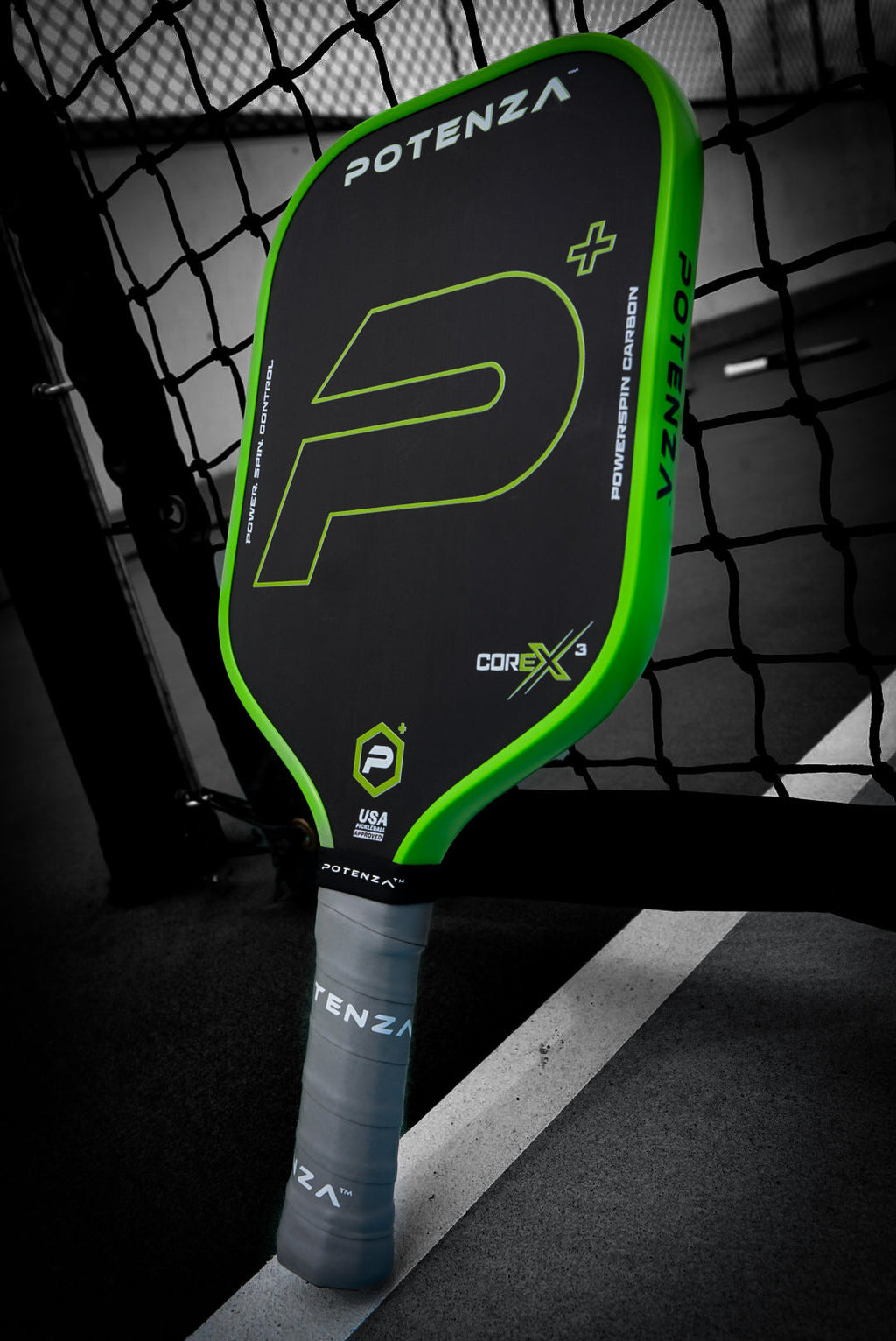 P+ PowerSpin Carbon COREx3 (Neon Green) – pickleball paddle front view