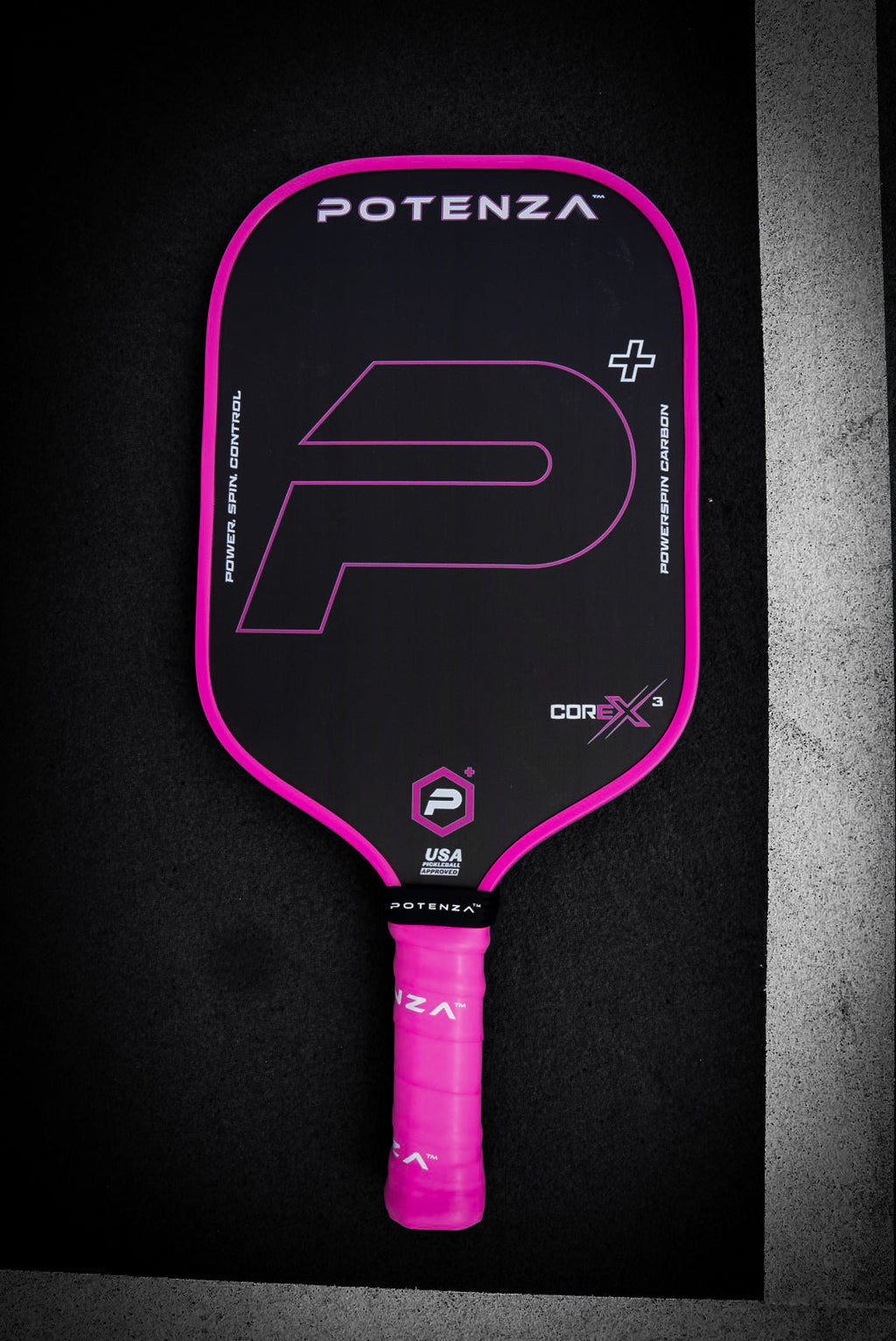 P+ PowerSpin Carbon COREx3 (Neon Pink, Elongated Face) – pickleball paddle detail