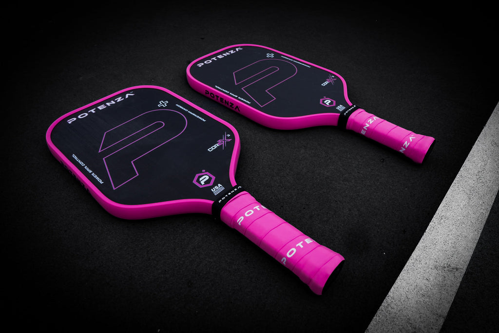 P+ PowerSpin Carbon COREx3 (Neon Pink) – pickleball paddle side view
