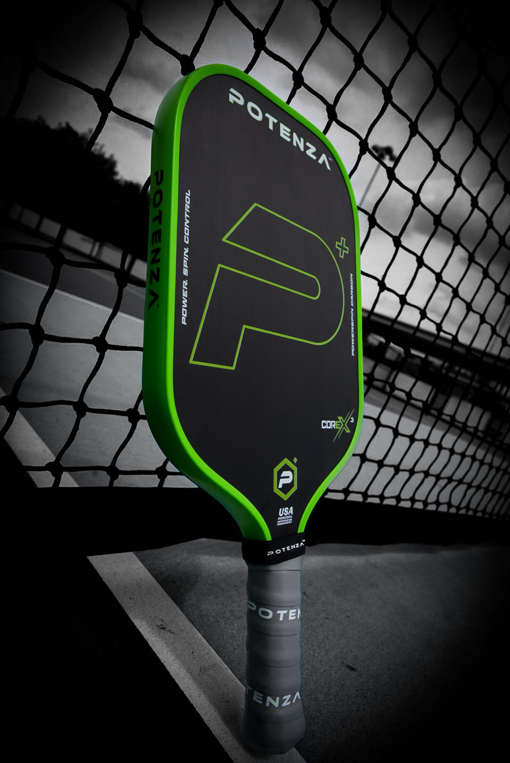 P+ PowerSpin Carbon COREx3 (Neon Green, Elongated Face) – pickleball paddle back view