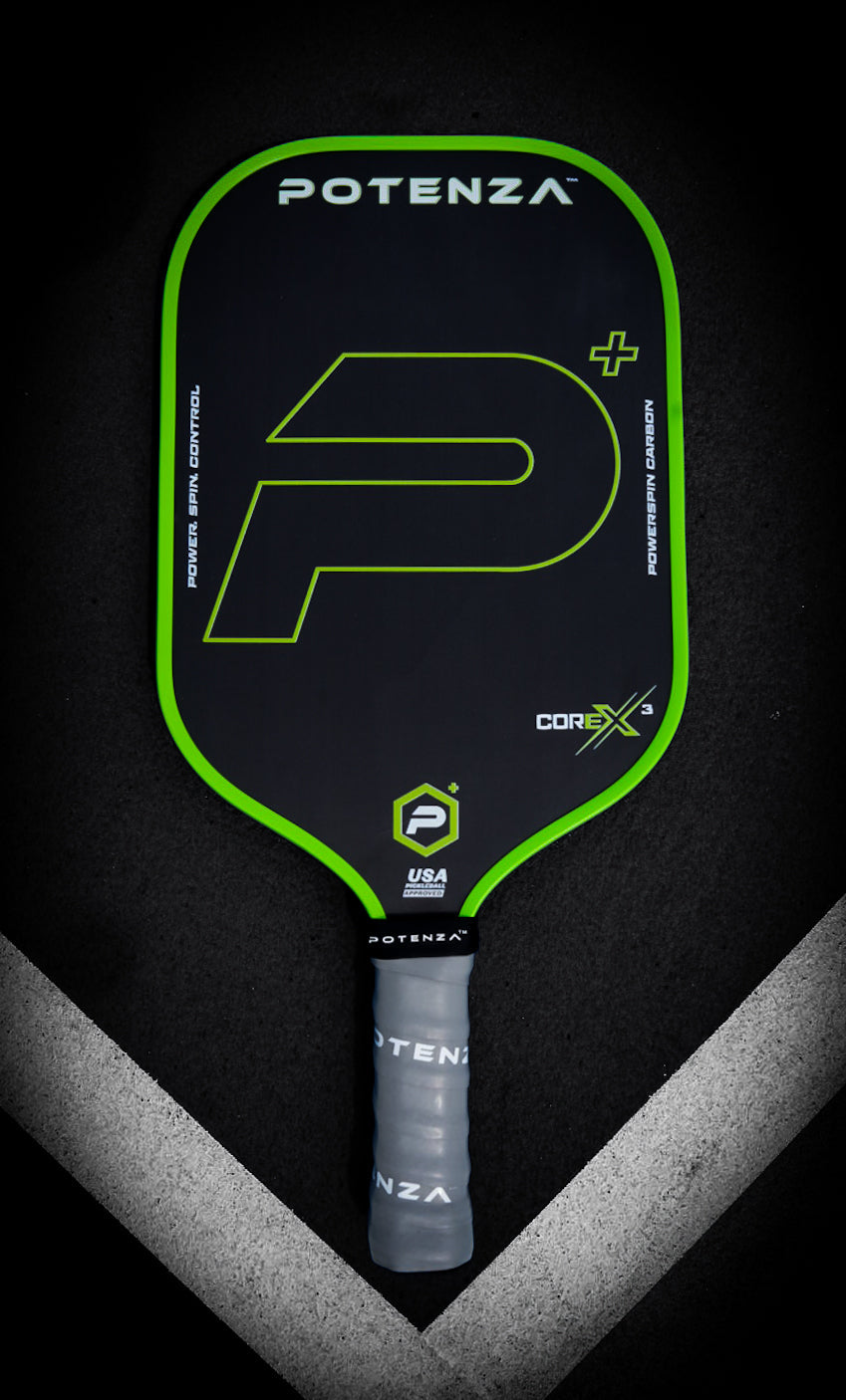P+ PowerSpin Carbon COREx3 (Neon Green, Elongated Face) – pickleball paddle detail