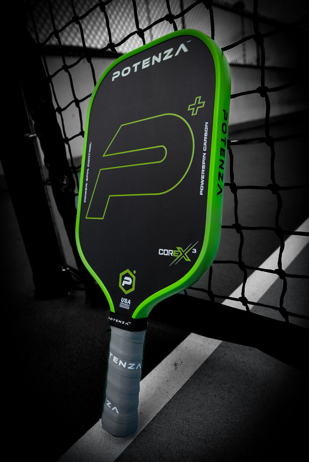 P+ PowerSpin Carbon COREx3 (Neon Green, Elongated Face) – pickleball paddle front view