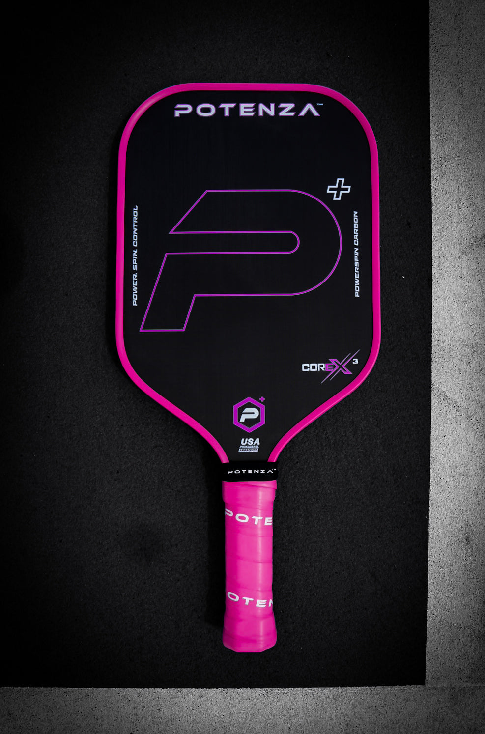 P+ PowerSpin Carbon COREx3 (Neon Pink) – pickleball paddle back view