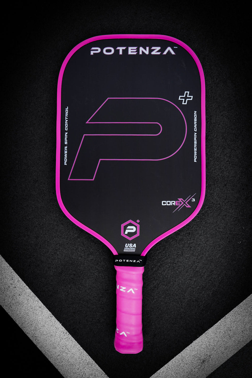 P+ PowerSpin Carbon COREx3 (Neon Pink, Elongated Face) – pickleball paddle side view