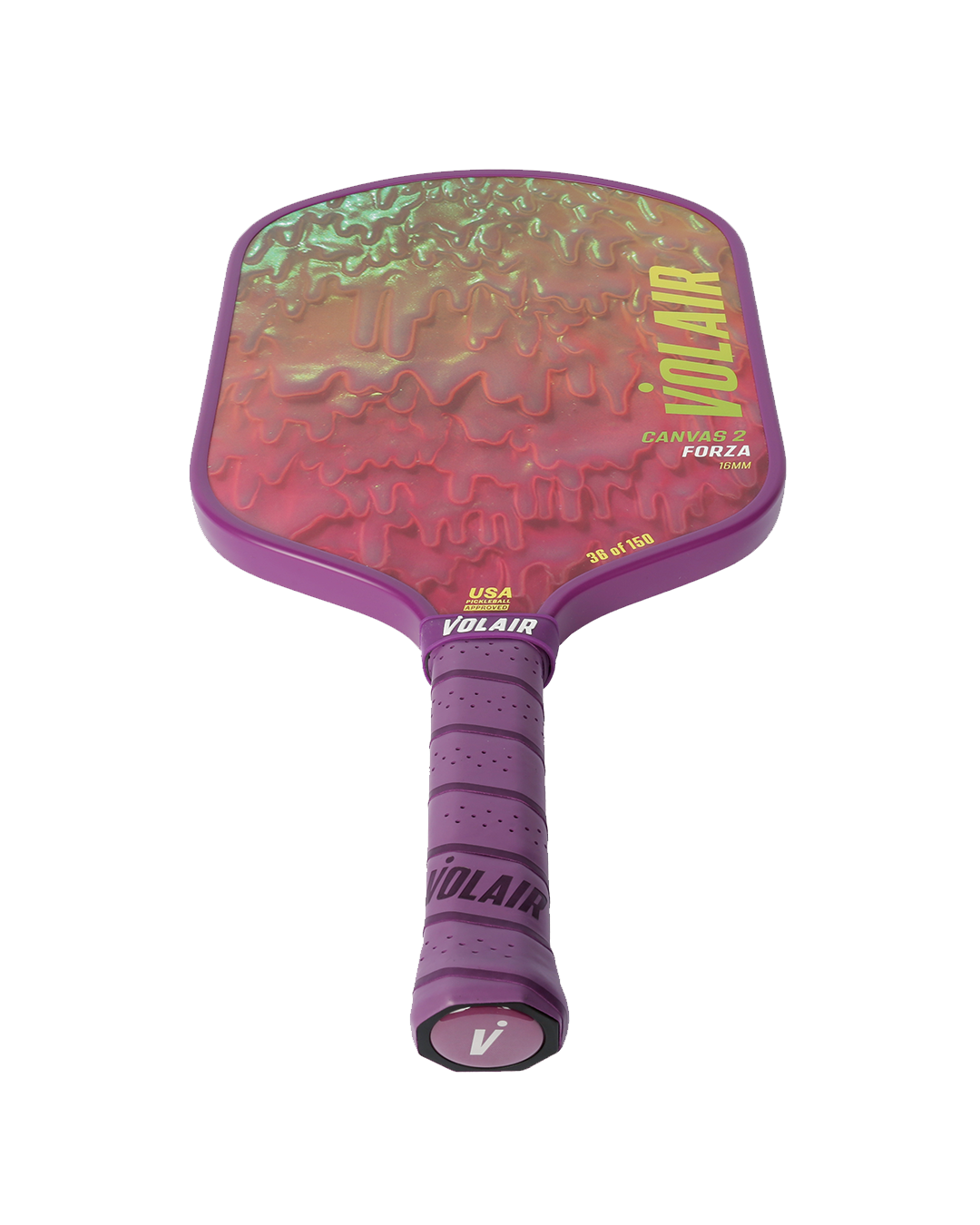 Canvas 2 Forza 16mm: "Drips" by Dan Lam  + Drip Mini Sculpture – pickleball paddle close-up