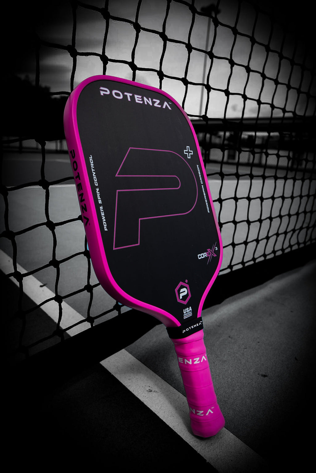 P+ PowerSpin Carbon COREx3 (Neon Pink, Elongated Face) – pickleball paddle back view
