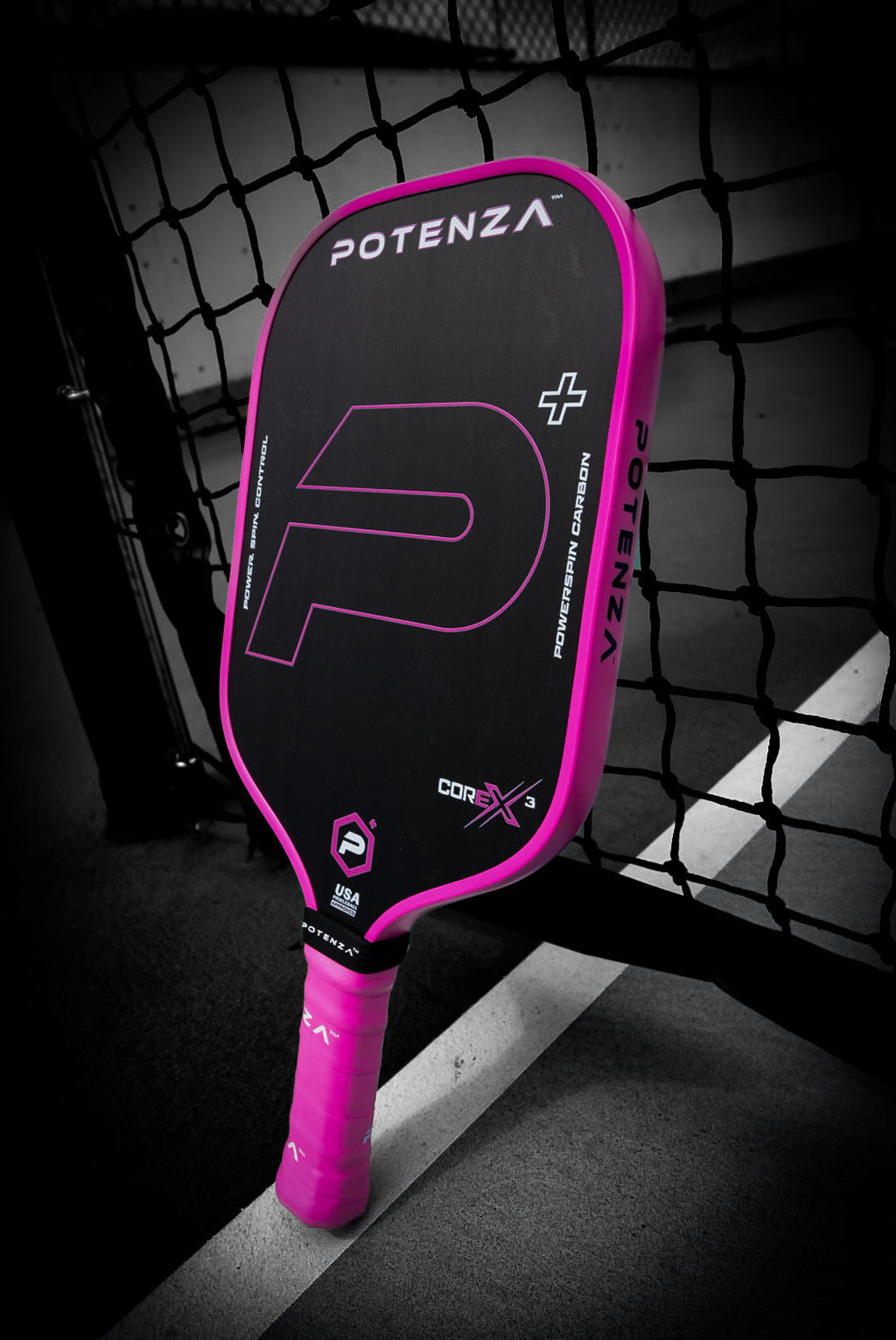 P+ PowerSpin Carbon COREx3 (Neon Pink, Elongated Face) – pickleball paddle front view