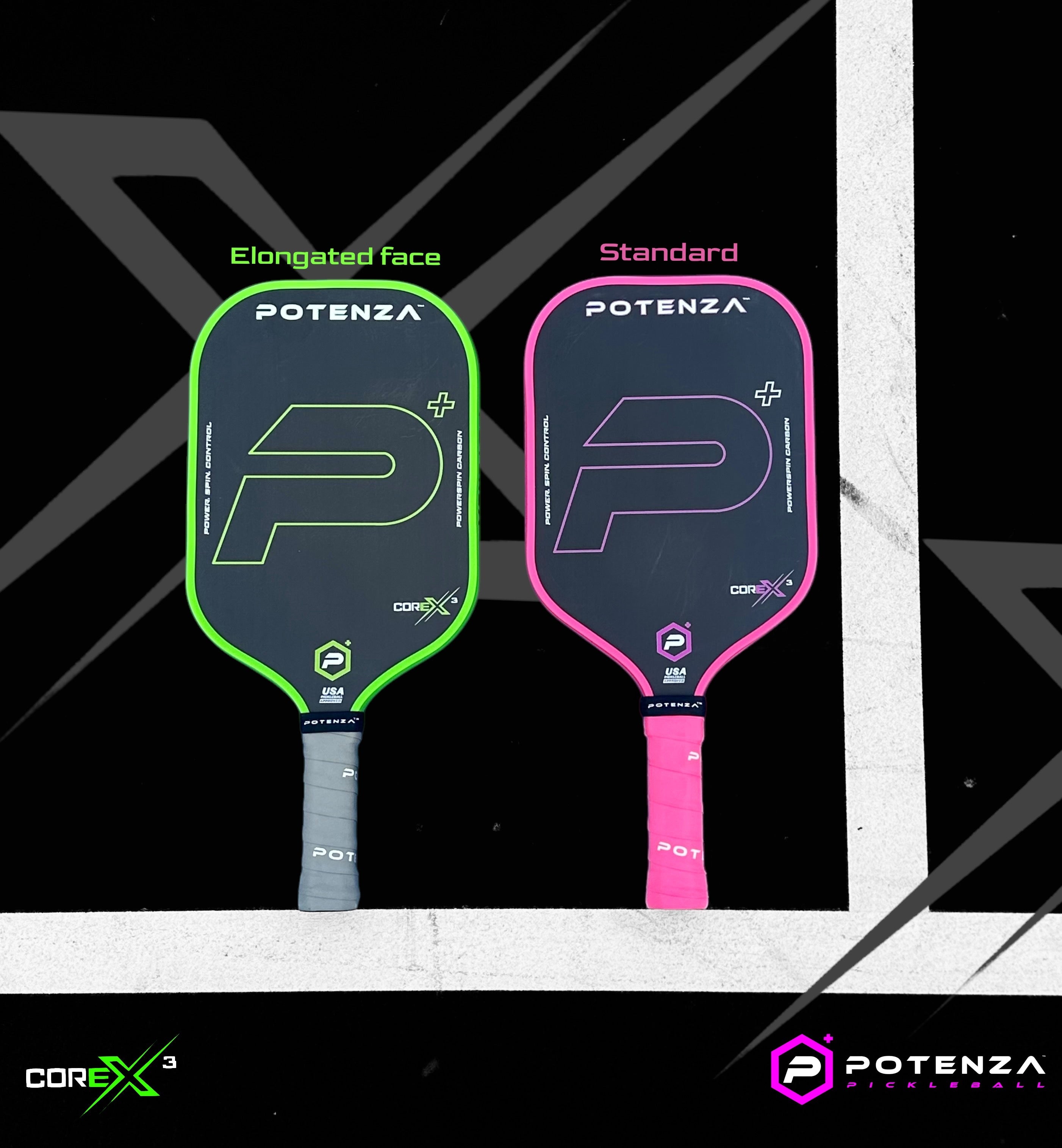 P+ PowerSpin Carbon COREx3 (Neon Pink, Elongated Face) – pickleball paddle close-up